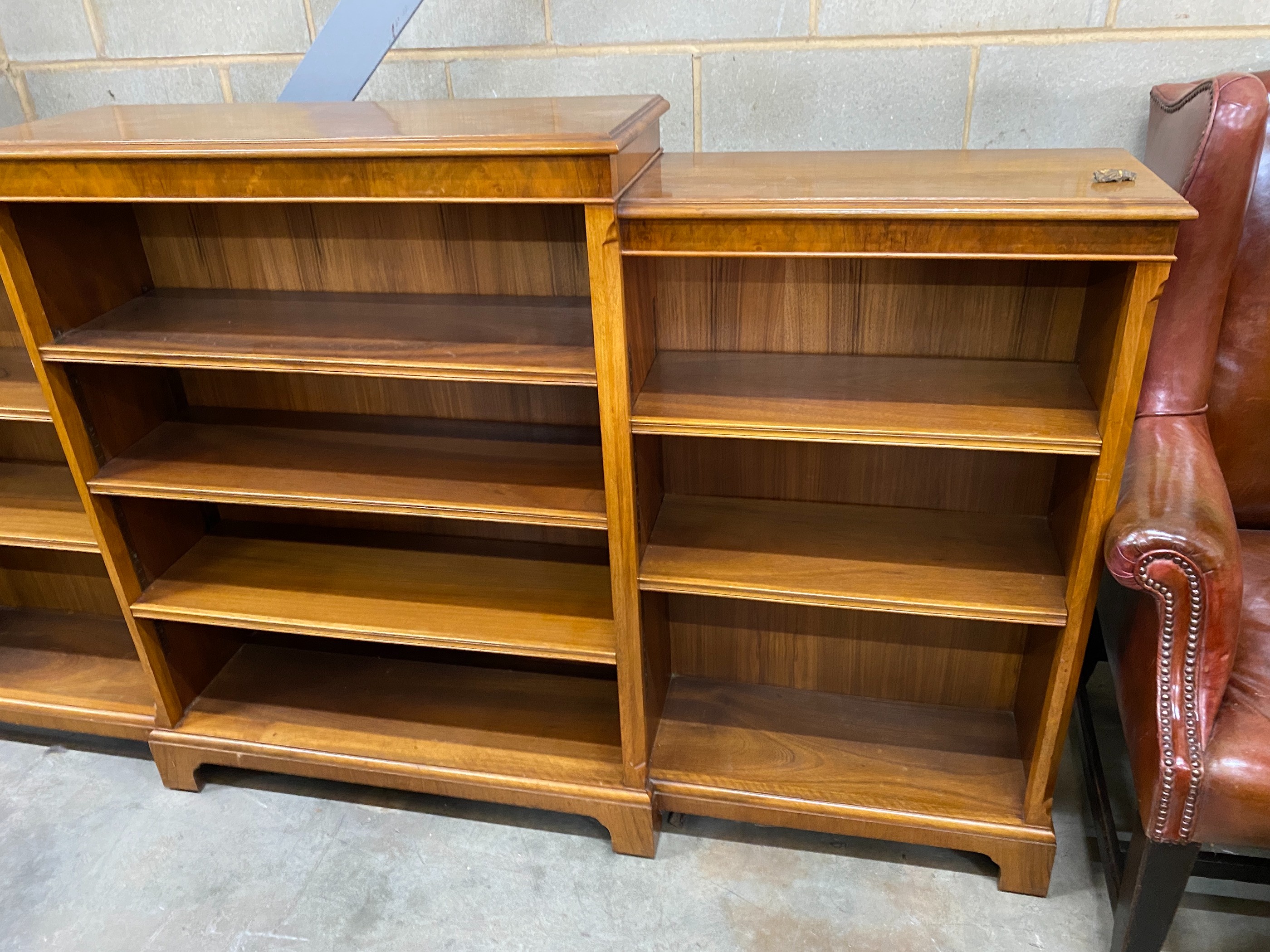 A mahogany open dwarf breakfront bookcase, width 213cm, depth 33cm, height 115cm